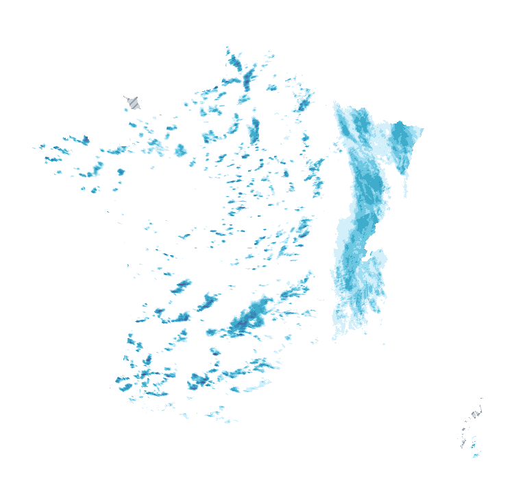Carte de précipitations de 14 h 50 à 14 h 55 le 21 octobre 2026 (heure de Paris). Les zones hachurées correspondent à des valeurs non disponibles.