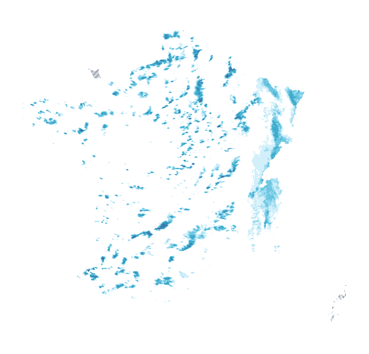 Carte de précipitations de 15 h 50 à 15 h 55 le 21 octobre 2026 (heure de Paris). Les zones hachurées correspondent à des valeurs non disponibles.