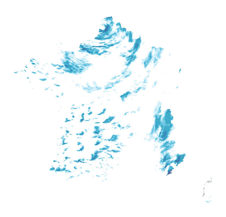 Carte de précipitations de 12 h 50 à 12 h 55 le 23 octobre 2026 (heure de Paris). Les zones hachurées correspondent à des valeurs non disponibles.