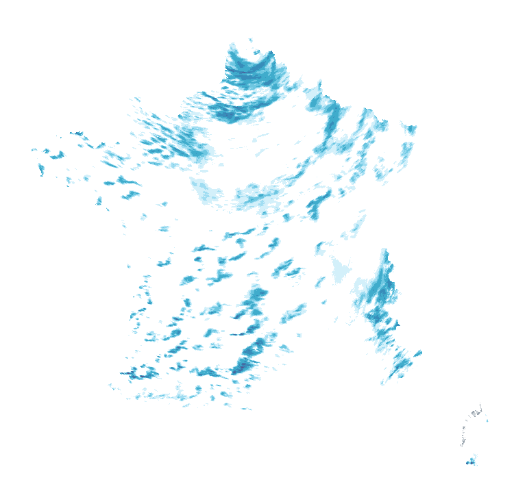 Carte de précipitations de 13 h 50 à 13 h 55 le 23 octobre 2026 (heure de Paris). Les zones hachurées correspondent à des valeurs non disponibles.