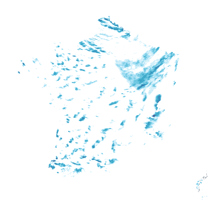 Carte de précipitations de 16 h 50 à 16 h 55 le 23 octobre 2026 (heure de Paris). Les zones hachurées correspondent à des valeurs non disponibles.