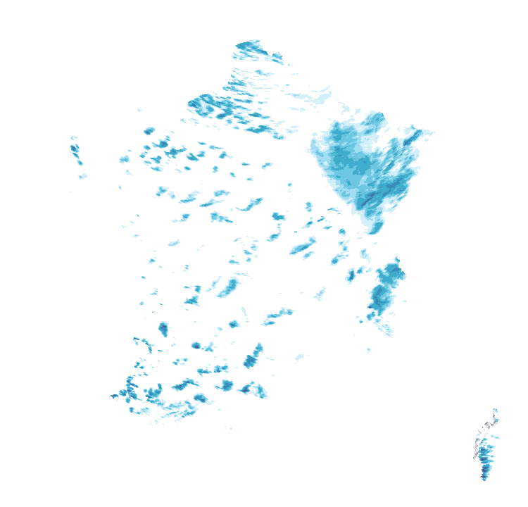 Carte de précipitations de 17 h 50 à 17 h 55 le 23 octobre 2026 (heure de Paris). Les zones hachurées correspondent à des valeurs non disponibles.