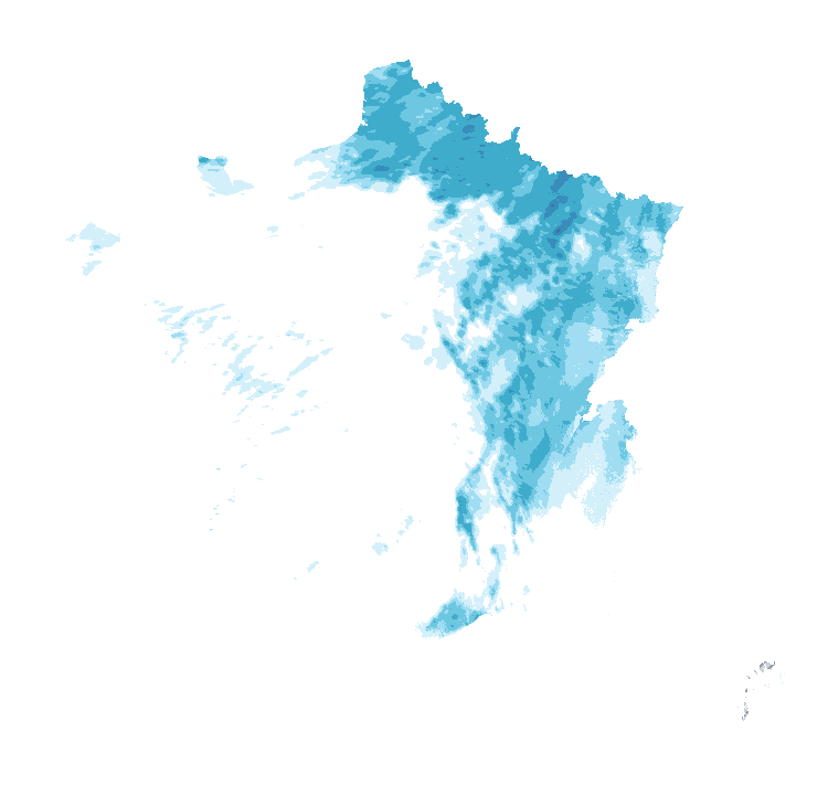 Carte de précipitations de 23 h 50 à 23 h 55 le 24 octobre 2026 (heure de Paris). Les zones hachurées correspondent à des valeurs non disponibles.