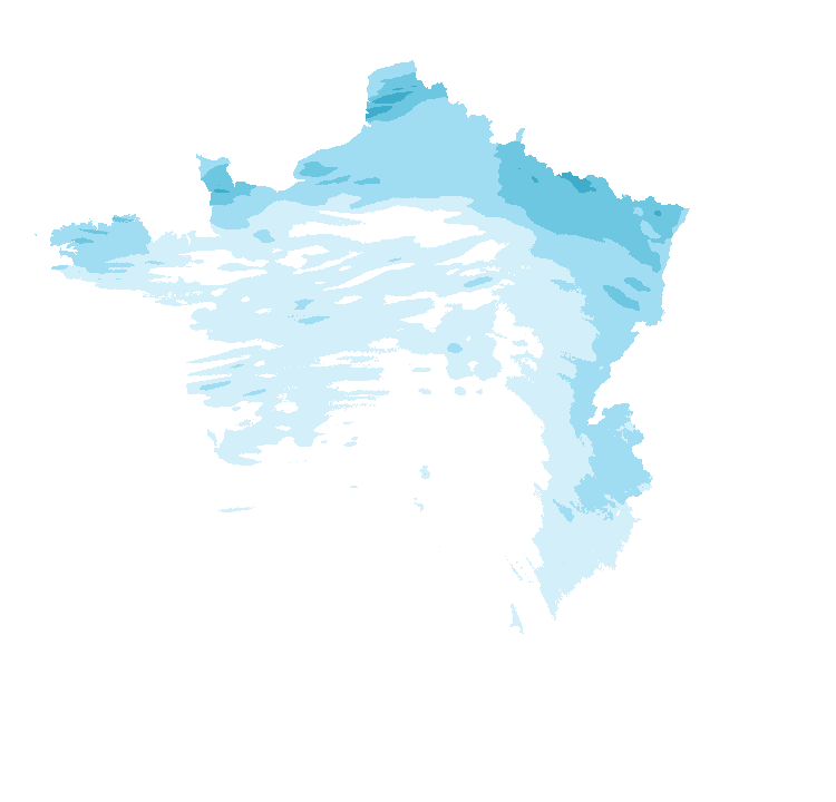 Carte de précipitations de 1 h 20 à 2 h 20 le 25 octobre 2026 (UTC+02 puis UTC+01) (heure de Paris). Les zones hachurées correspondent à des valeurs non disponibles.