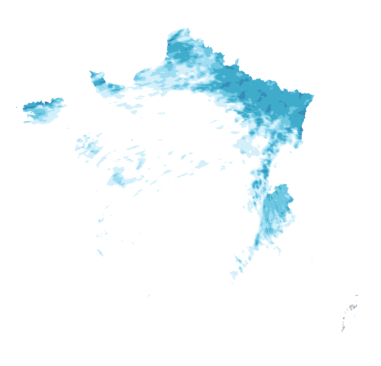 Carte de précipitations de 1 h 50 à 1 h 55 le 25 octobre 2026 (heure de Paris). Les zones hachurées correspondent à des valeurs non disponibles.