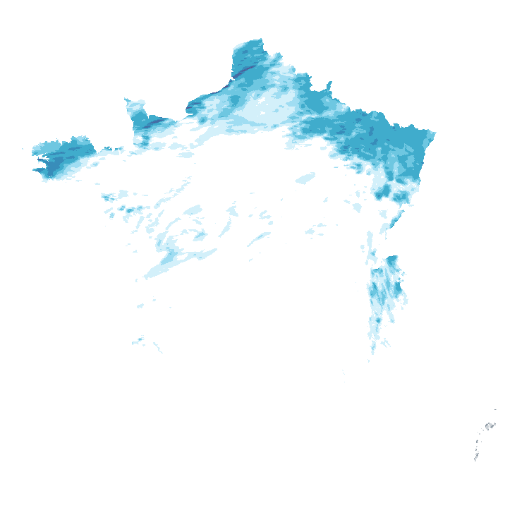 Carte de précipitations de 2 h 35 à 2 h 40 le 25 octobre 2026 (heure de Paris). Les zones hachurées correspondent à des valeurs non disponibles.