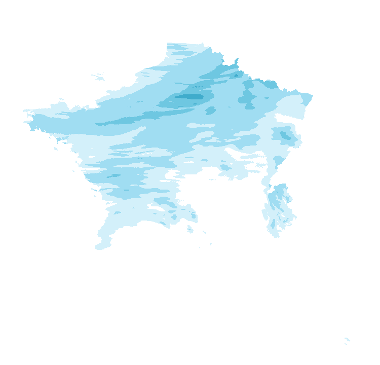 Carte de précipitations de 4 h 20 à 6 h 20 le 25 octobre 2026 (heure de Paris). Les zones hachurées correspondent à des valeurs non disponibles.
