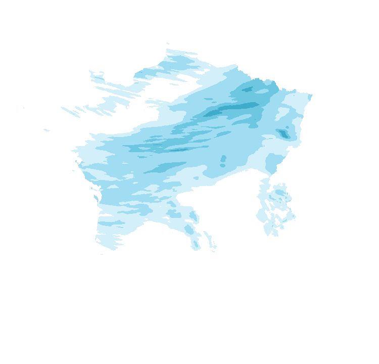 Carte de précipitations de 7 h 20 à 9 h 20 le 25 octobre 2026 (heure de Paris). Les zones hachurées correspondent à des valeurs non disponibles.